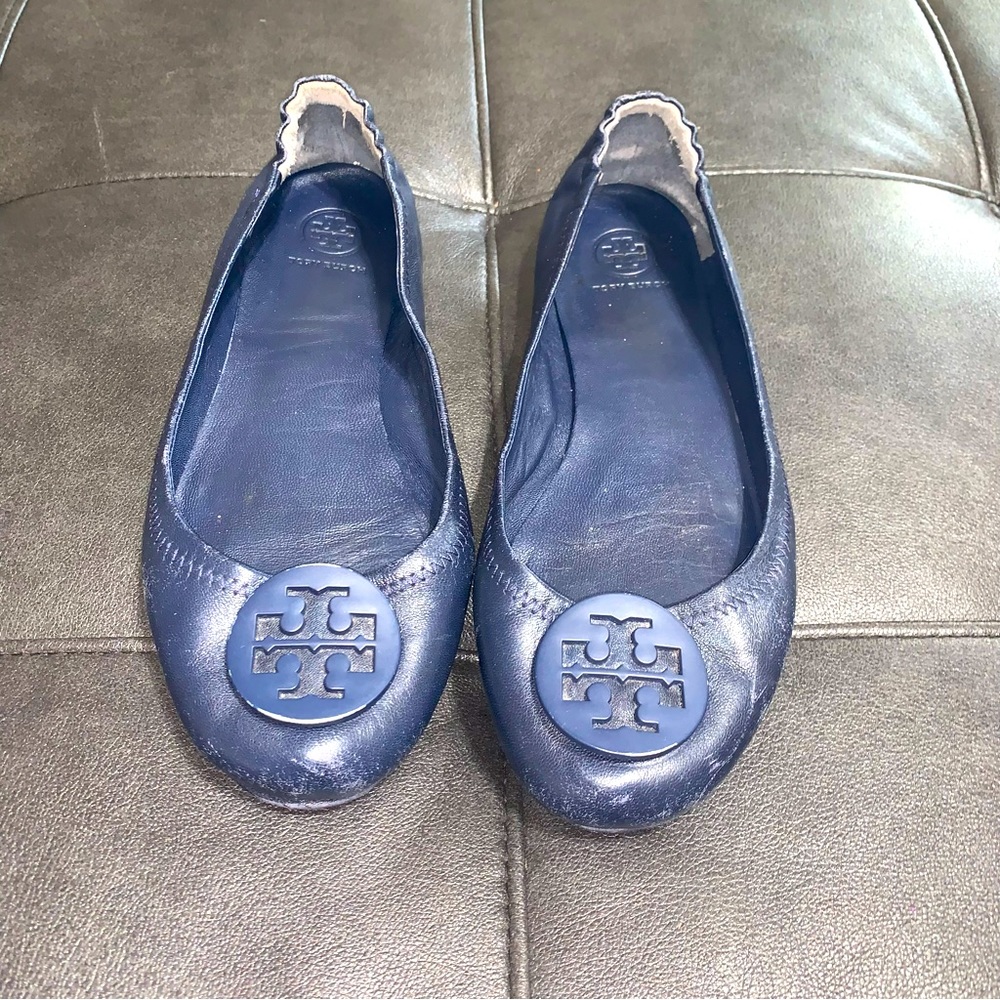 Tory Burch Leather Minnie Travel Ballet Flats - Navy Blue Size 9